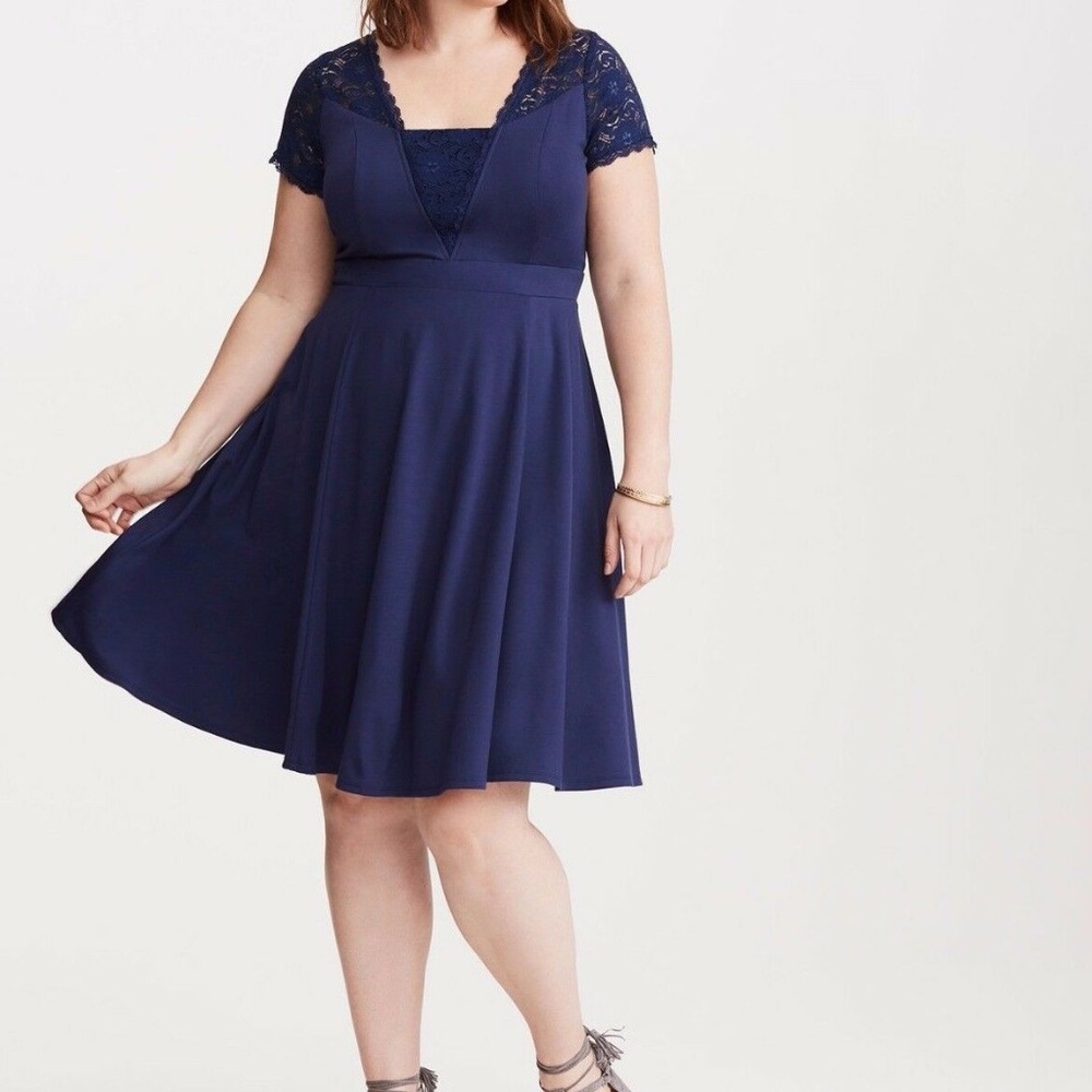 Torrid Lace Inset Ponte Skater Dress Navy